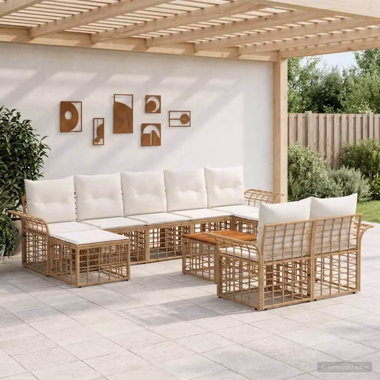 Set di divani da esterno vidaXL 10 pezzi per 9 posti, colore beige, bianco e marrone, con struttura in metallo e cuscini inclusi per giardino e terrazza