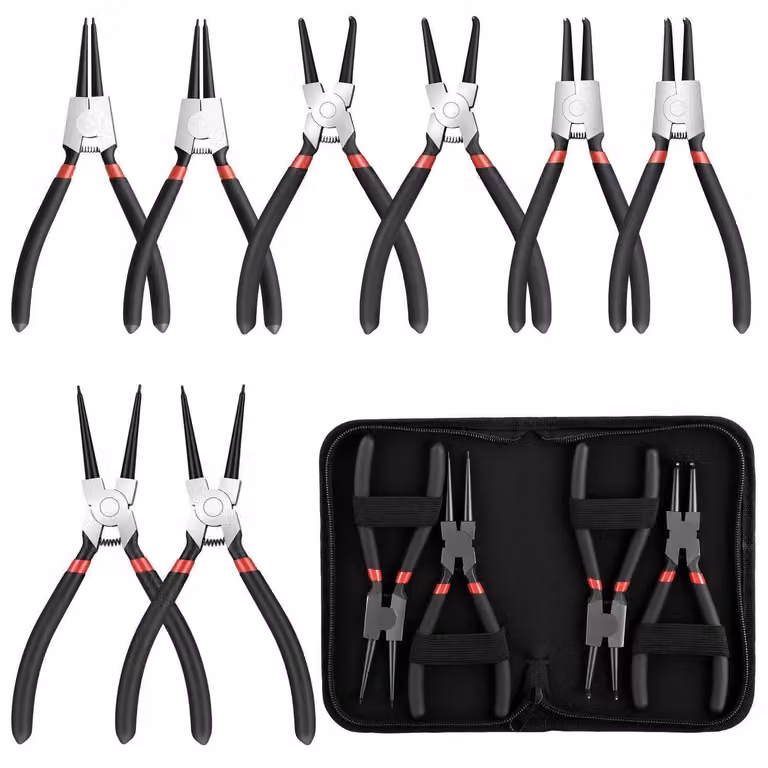 Set di pinze a becco lungo, 8 pezzi, lunghezza 180 mm, con fissaggio interno ed esterno, a becco dritto e curvo, Acciaio al carbonio, inclusa custodia