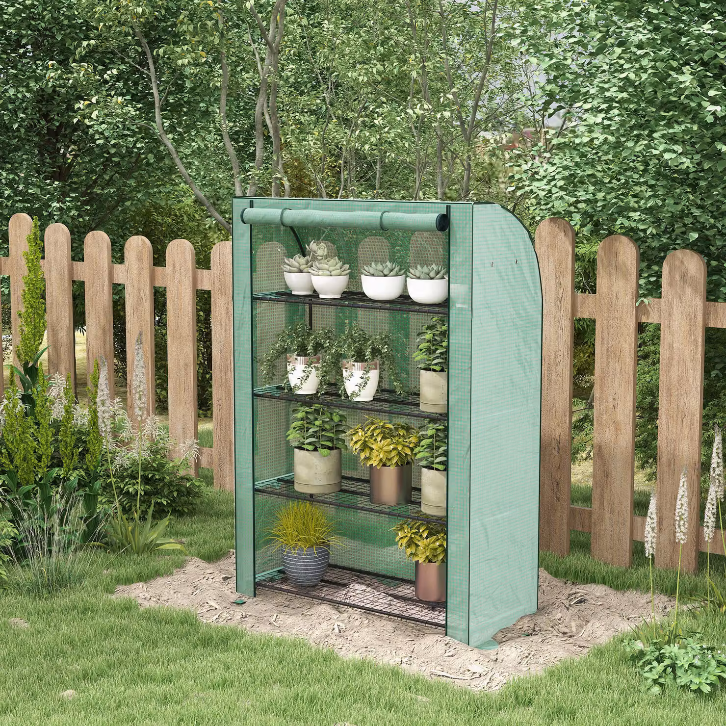 Mini Serra da Giardino Outsunny a 4 Livelli con Telo PE Rinforzato e Ripiani, Verde, L 120 x P 50 x H 170 cm – 2
