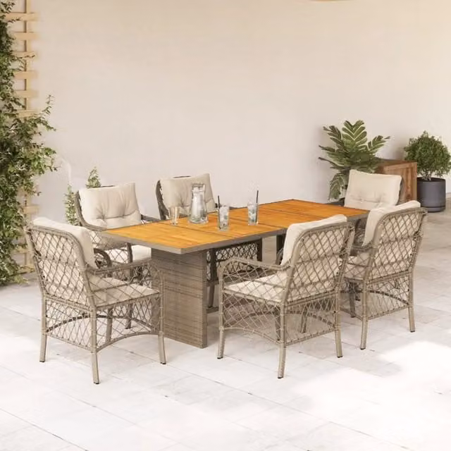 Set da pranzo da giardino vidaXL in polyrattan con cuscini beige e bianco e tavolo in legno di acacia, 7 pezzi