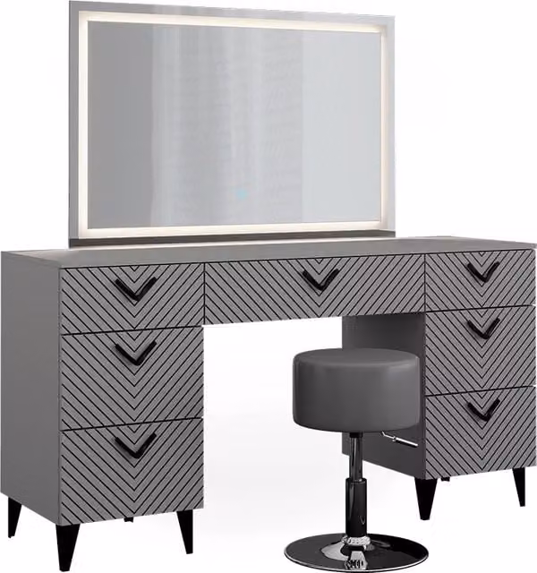 Tavolo da toeletta Anett Grigio 150 cm con specchio LED e sgabello Vicco
