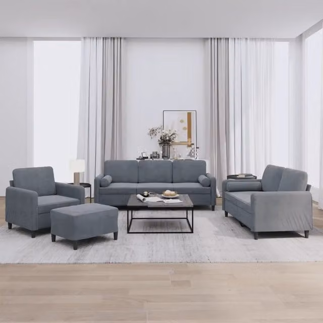 Set di divani moderno vidaXL in velluto grigio composto da divano a 3 posti, divano a 2 posti, pouf e cuscini coordinati – 1