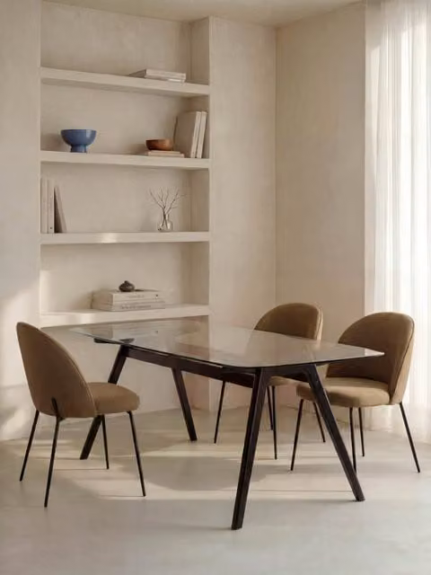 Tavolo da pranzo rettangolare moderno Kenay Home con piano in vetro e legno massello nero L: 180 cm, P: 75 cm, H: 75 cm