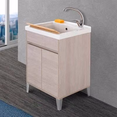 Mobile lavatoio Way in rovere con vasca in ceramica bianca e beige, design moderno con ante soft-close