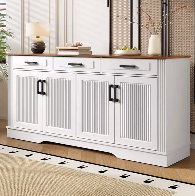 Sideboard moderno con 4 porte bugnate; 3 cassetti; 160x40x75 cm; MDF bianco