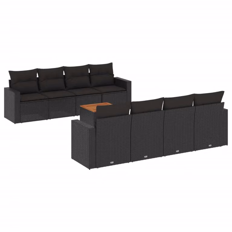 Set Divani da Giardino 9 pz con Cuscini Nero in Polyrattan