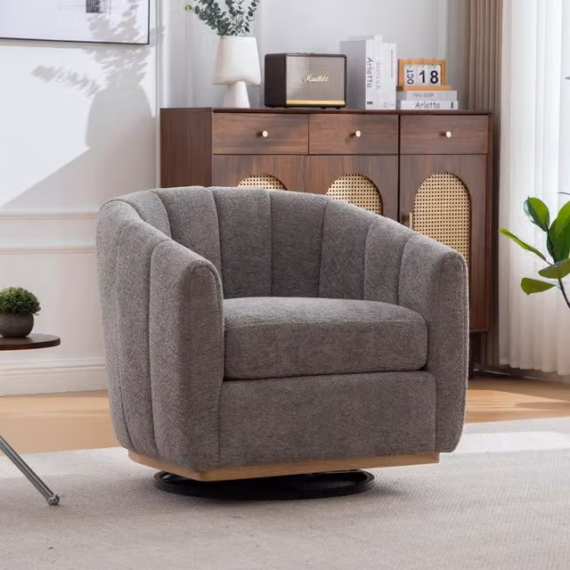 Poltrona Pouf Girevole a 360¡ã con Poggiapiedi ¨C Xylo ¨C Grigio, Tessuto Chenille, Gambe in Metallo