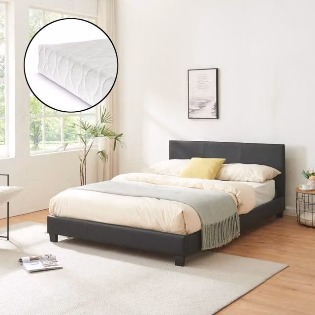 Letto Francese Albacete Corium con Testiera Alta e Materasso in Similpelle Nero, L/P/H: 140 x 200 cm