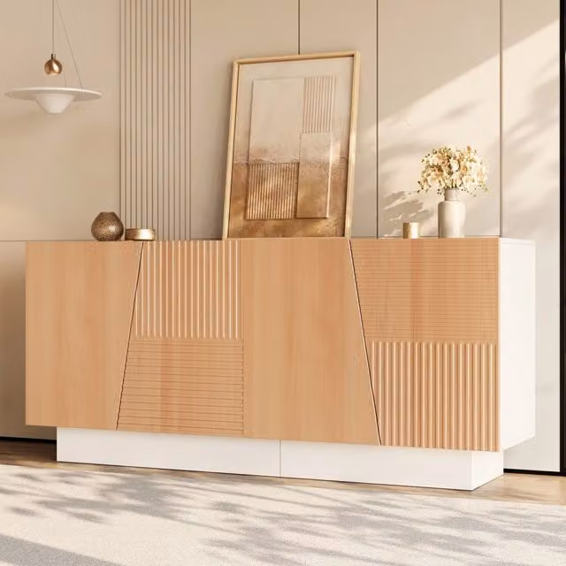Madia moderna Mivray con 4 ante e ripiani regolabili in MDF e pannello truciolare, finitura opaca bianco e beige, L: 160 cm, P: 40.5 cm, H: 72 cm