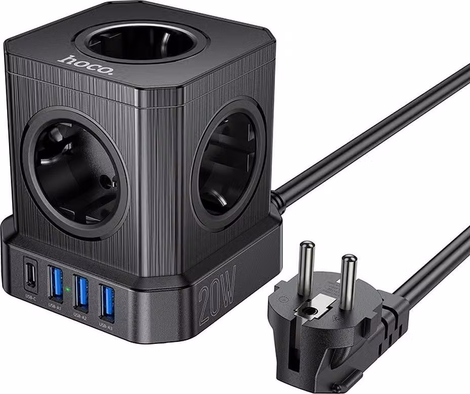 HOCO Multipresa multifunzione 5 prese + 3 x USB A + USB C, conforme alle norme UE, 4000 W, PD, QC, 3 A, NS8, 2 m, nero