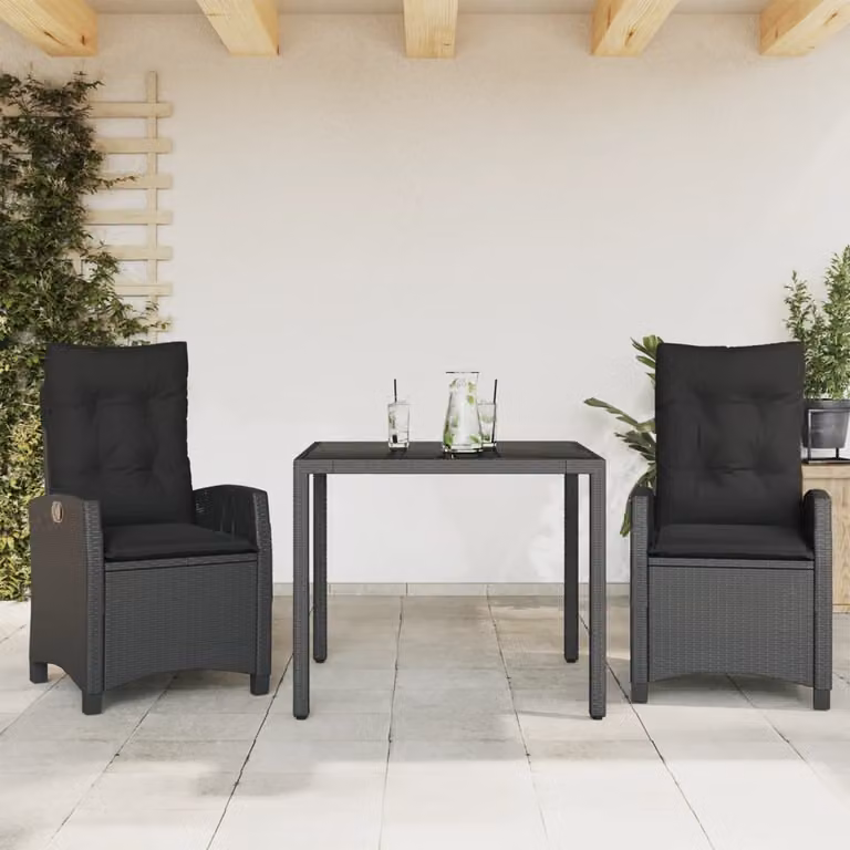 Set da Pranzo da Giardino 3 pz vidaXL in Polyrattan Nero con Cuscini e Tavolo in Vetro