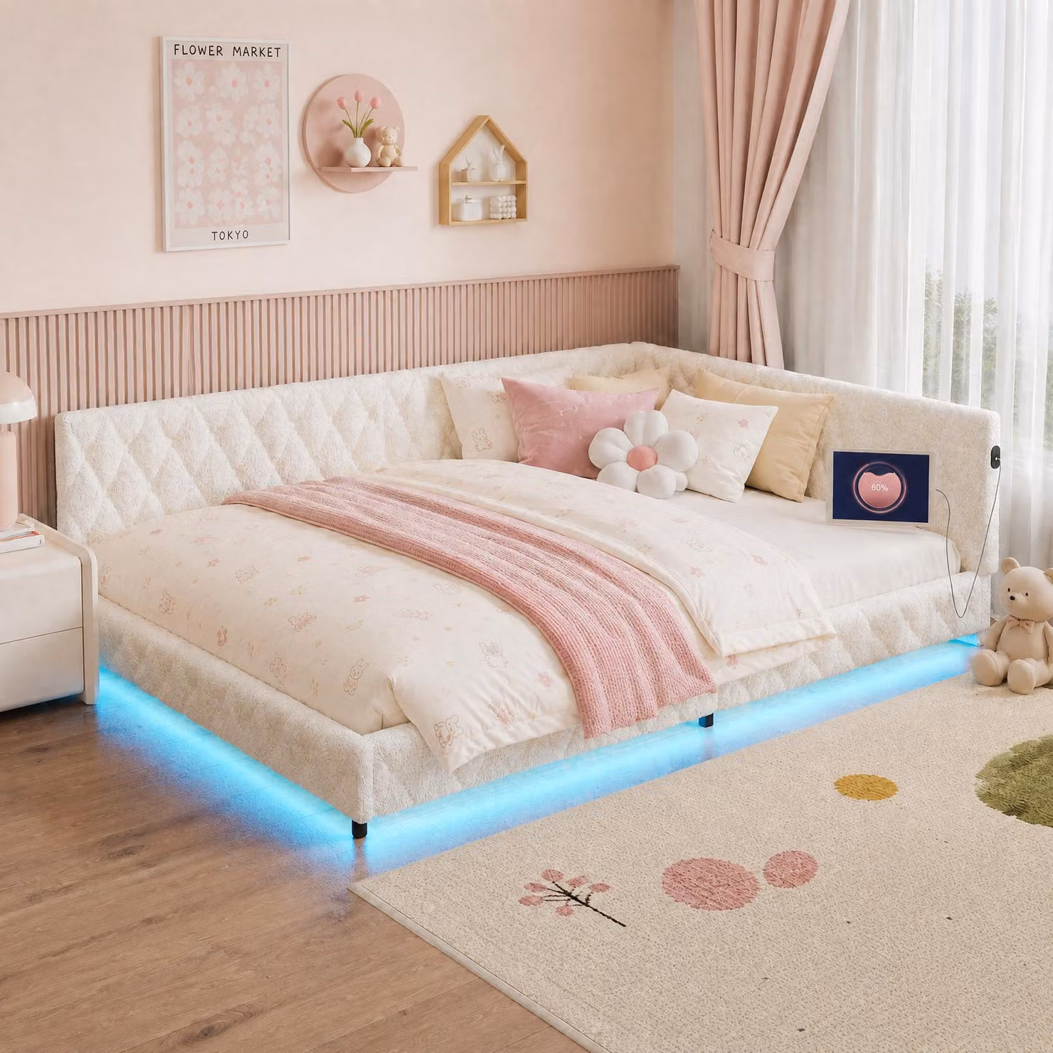 Letto imbottito INONEFT, 140 x 200 cm, letto matrimoniale con USB e LED, letto per adulti con rete a doghe e testiera, rivestito in microfibra effetto peluche, color beige, senza materasso