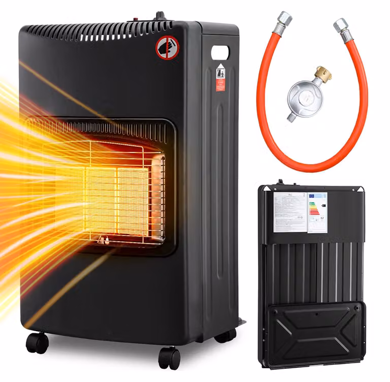 Riscaldatore a gas Ikodm, 4200W, con piastra in ceramica, 3 livelli di riscaldamento, sistema di sicurezza anti-ribaltamento e rilevatore di gas, completo di regolatore di pressione e tubo flessibile, dotato di 5 ruote
