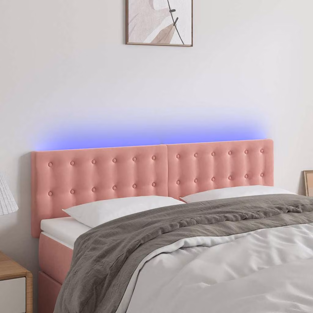Testiera per letto vidaXL in velluto rosa con illuminazione LED e porta USB, L 144 x P 5 x H 78/88 cm