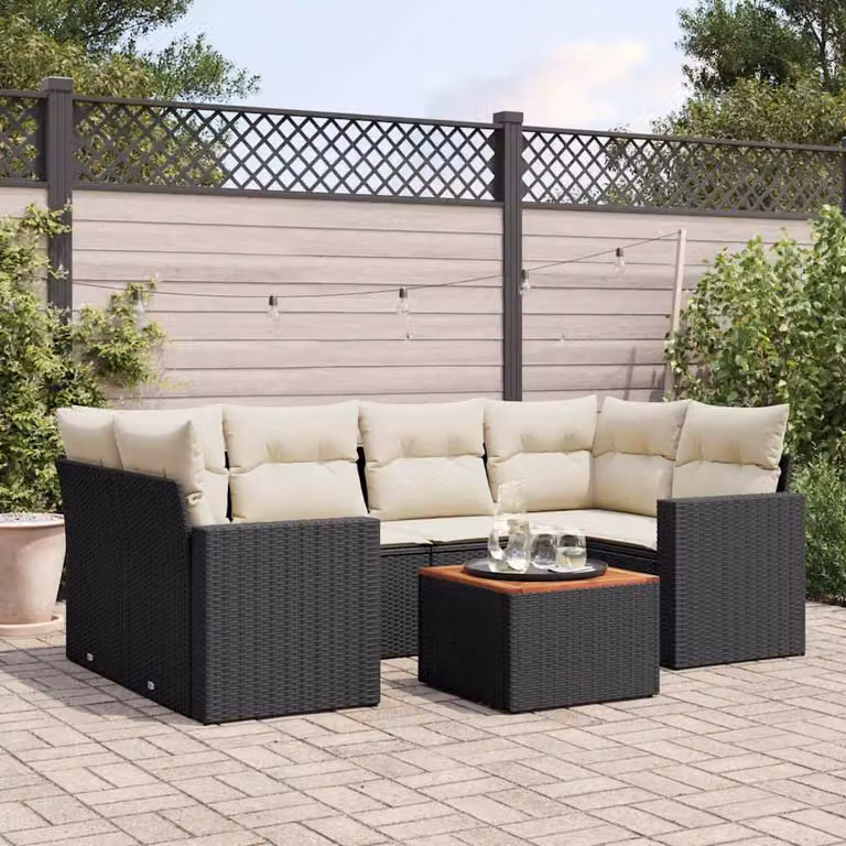 Set Divani da Giardino vidaXL a Forma di L con 7 Pezzi in Polyrattan Nero e Cuscini Imbottiti
