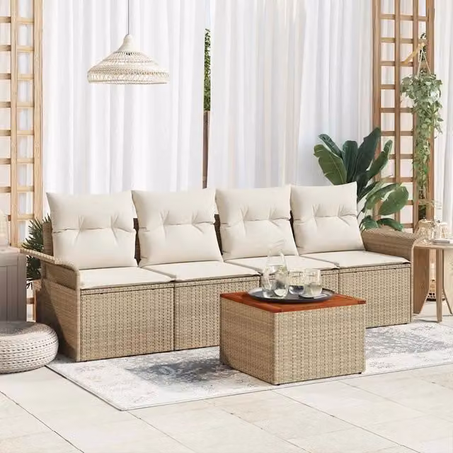 Set da giardino vidaXL composto da 5 pezzi beige con divano da 3 posti, divano da 2 posti, tavolino da caffè e cuscini inclusi in polyrattan e acciaio verniciato a polvere