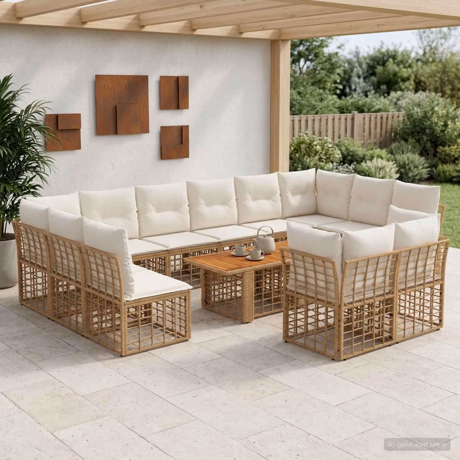 Set Divano da Giardino vidaXL 13 pz in Polyrattan con Cuscini, Colore Naturale e Bianco Crema