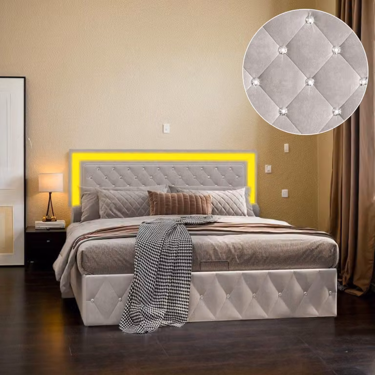 Letto imbottito Fortuna Lai 160x200 cm con illuminazione a LED, rete idraulica, rete a doghe e testata regolabile in altezza, letto di design in velluto