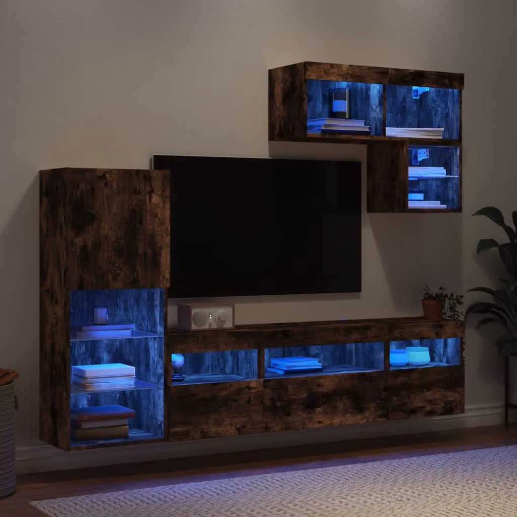 Mobile TV da parete vidaXL con 6 LED in legno multistrato Rovere Fumo