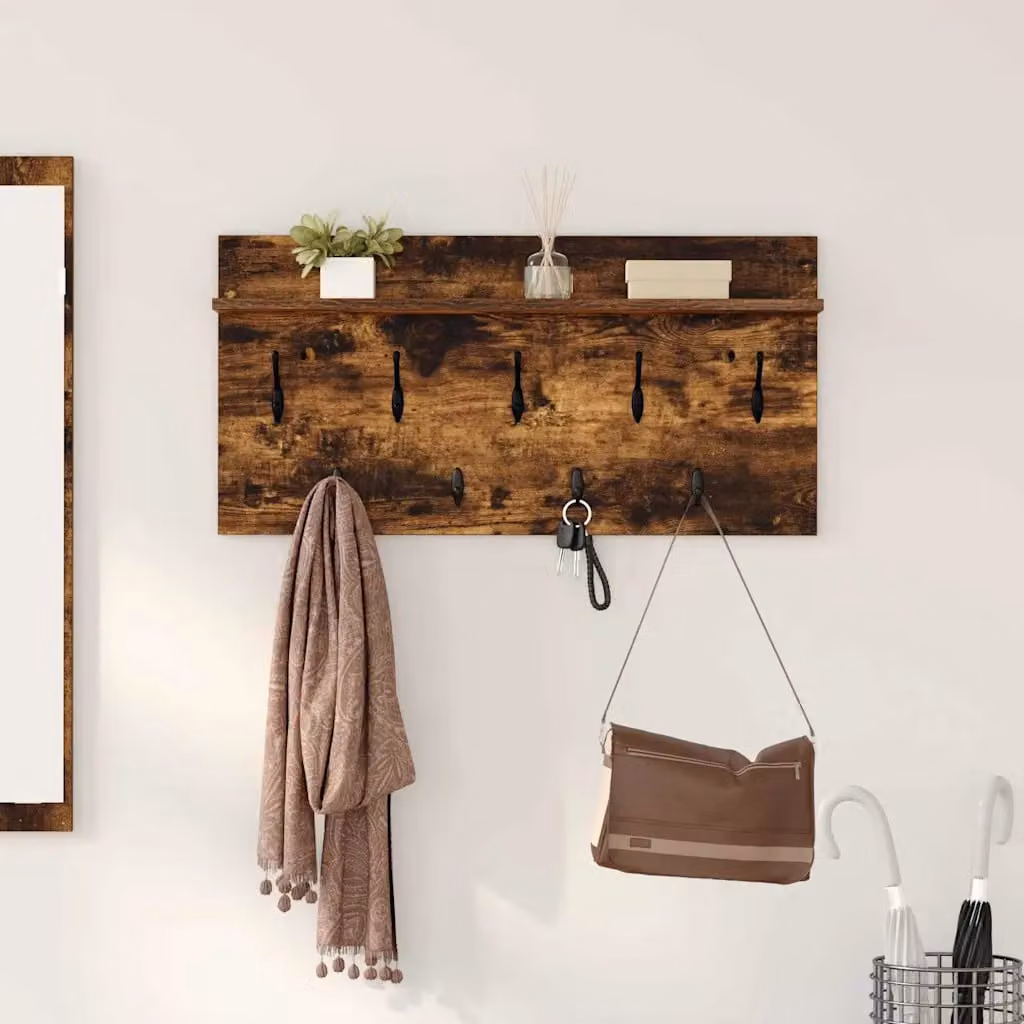 Appendiabiti a muro vidaXL in legno MDF marrone con ganci distribuiti L 80 cm x P 40 cm x H 12 cm