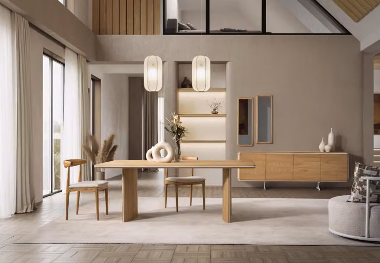 Elegantes braunes Holz Esstisch- und Stuhl-Set mit Sideboard