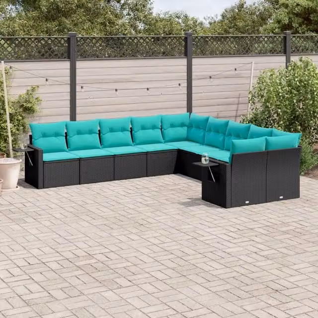 Set Divani da Giardino 10 pz con Cuscini Nero in Polyrattan 3220706