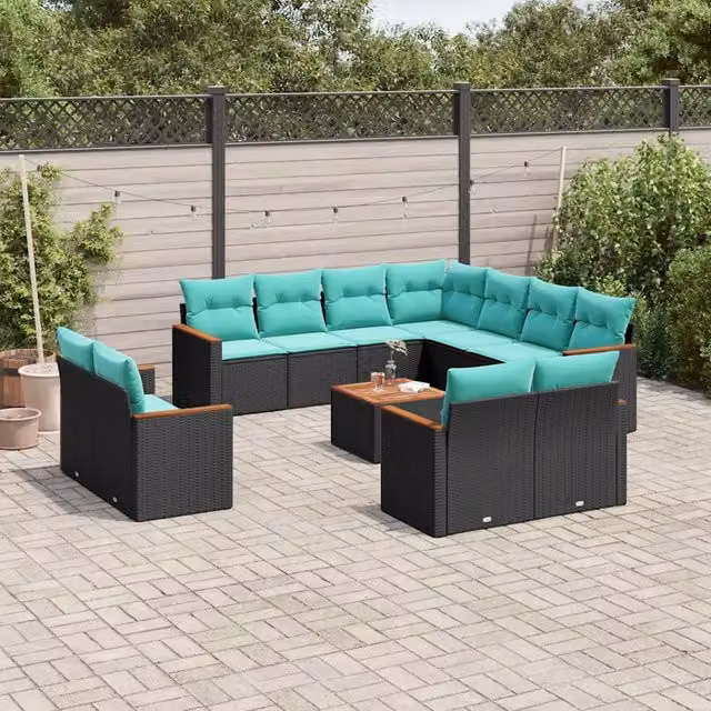 Set di Divani da Giardino a Forma di U vidaXL con Cuscini e Tavolino, Struttura in Metallo e Polyrattan, Colore Nero, Blu o Turchese