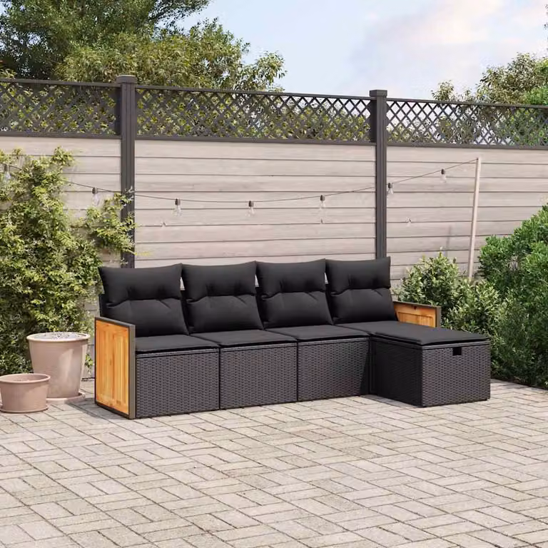 Set Divani da Giardino vidaXL 5 Pezzi a Forma di L in Polyrattan Nero con Cuscini e Struttura in Acciaio