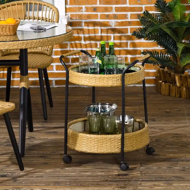 Carrello da cucina e bar OKWISH a 2 ripiani in rattan e metallo con ruote, giallo, Φ50 x H 66 cm