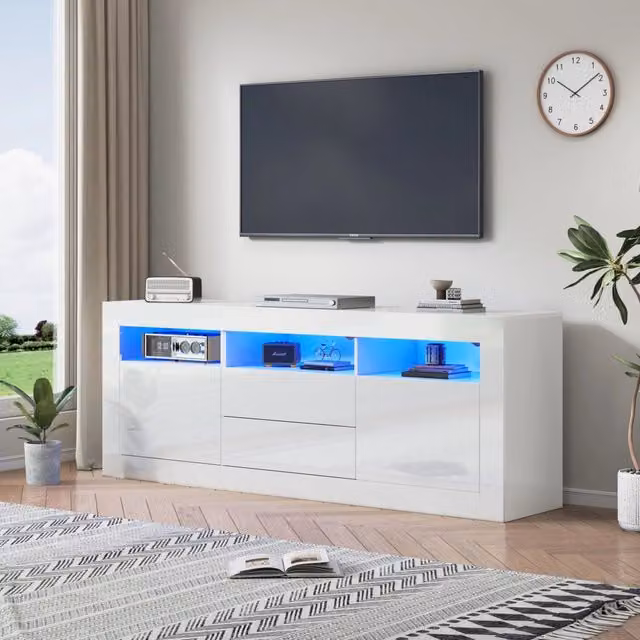 Mobile TV ULEVR 160x35x60 cm bianco lucido con LED Bluetooth, 2 ante, 2 cassetti e 3 vani aperti