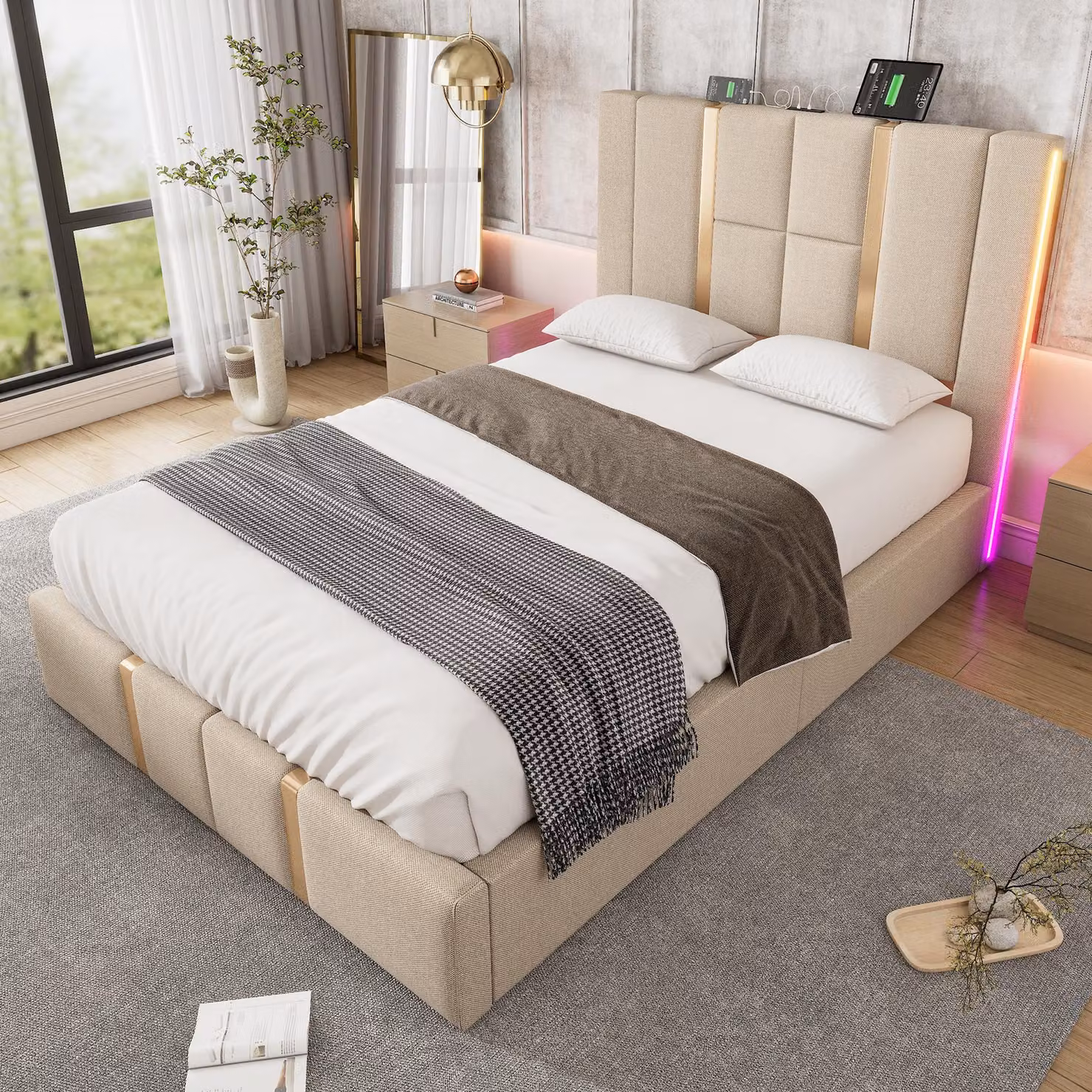 Letto imbottito idraulico Flieks 90x200cm con USB e tipo C, letto a molle insacchettate con LED, letto singolo per ragazzi con rete a doghe, lino, beige