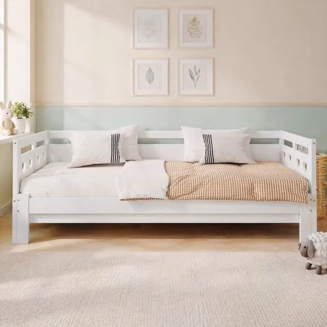 Divano letto estraibile con schienale a cuore 98-187x196 cm in pino e MDF bianco
