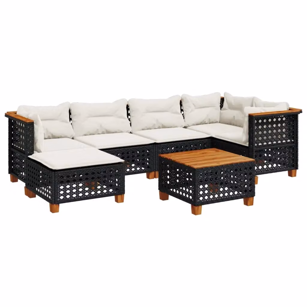 vidaXL Set di Divani da Giardino a L con Cuscini 7pz in Polyrattan Nero e Legno di Acacia – 2