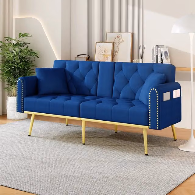Divano letto 175.0x80.0x73.5 cm con schienale regolabile a 3 inclinazioni in velluto blu