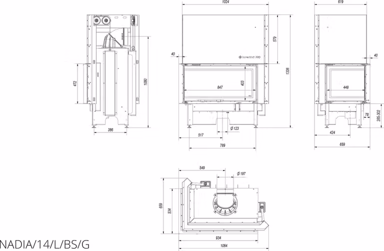 Inserto per caminetto KRATKI NADIA sinistro 14 kW Ø 200 con porta scorrevole pannellatura nera