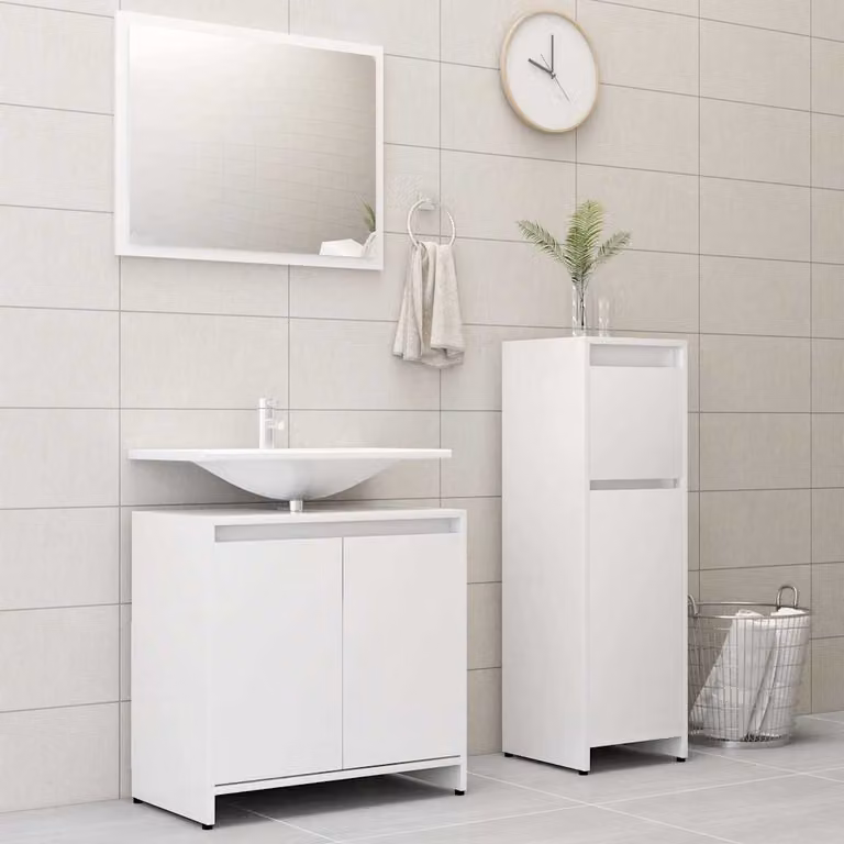 Set di mobili da bagno vidaXL composto da 3 pezzi in MDF bianco opaco con armadietto a specchio, pensile e mobile lavabo sospeso