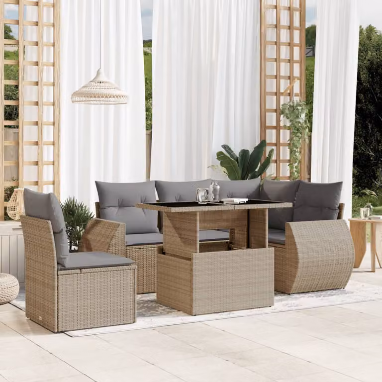 Set Divano da Giardino 6 pz vidaXL in Polyrattan Beige con Cuscini e Tavolino da Esterno a Forma di L