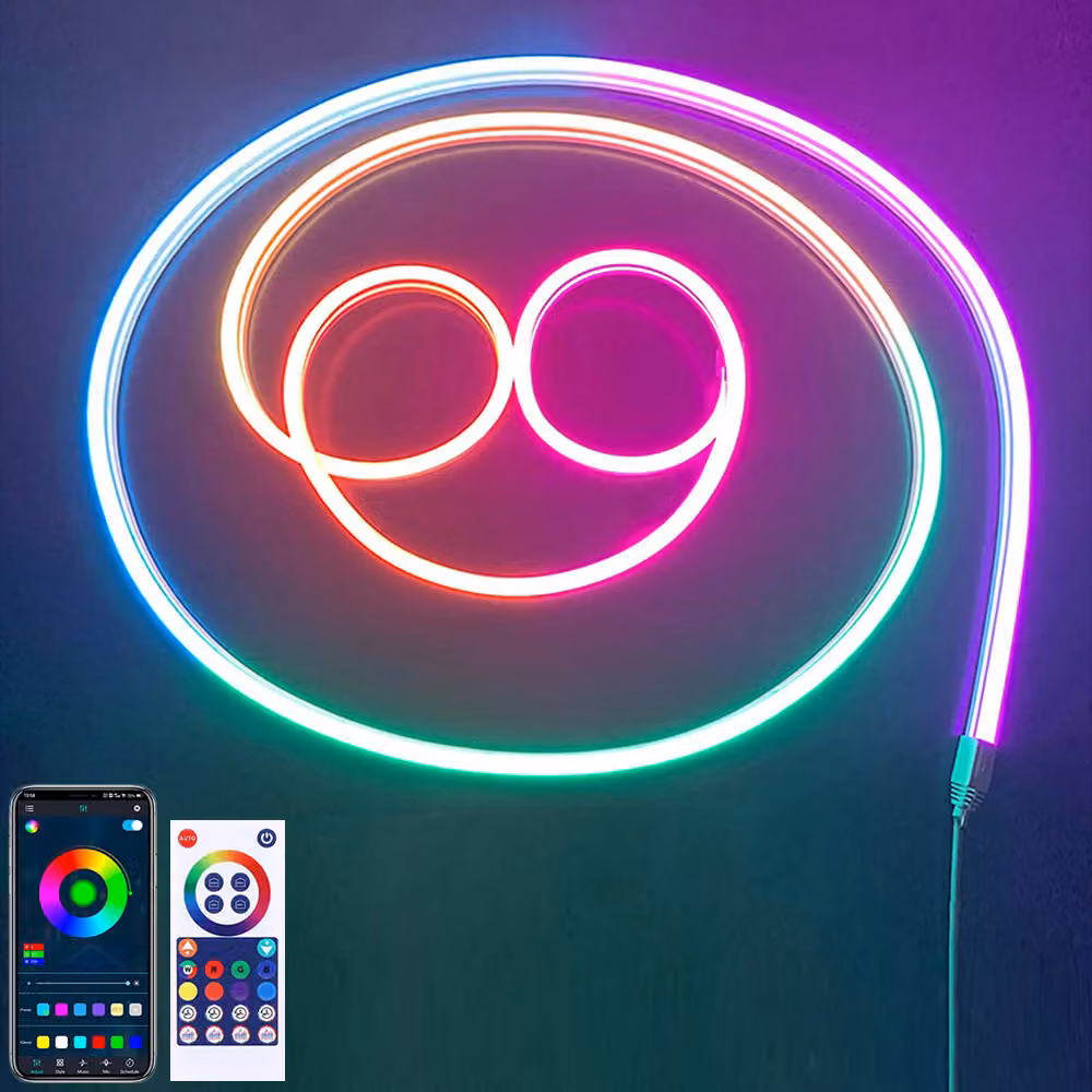 RGBIC Striscia Led 3M, 180 LED Neon Striscia Dimmerabile 20W IP65 Impermeabile Tubo Luce Silicone Bluetooth 5V Striscia di luce per interni all'aperto Gaming Deco