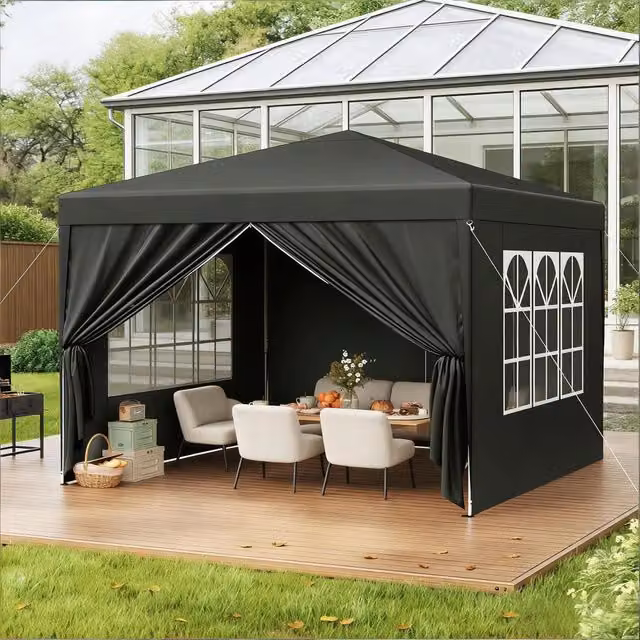 Gazebo pieghevole da giardino WISHDOR grigio e nero con pareti laterali, L/P: 300 x 300 cm, H: 258 cm – 1
