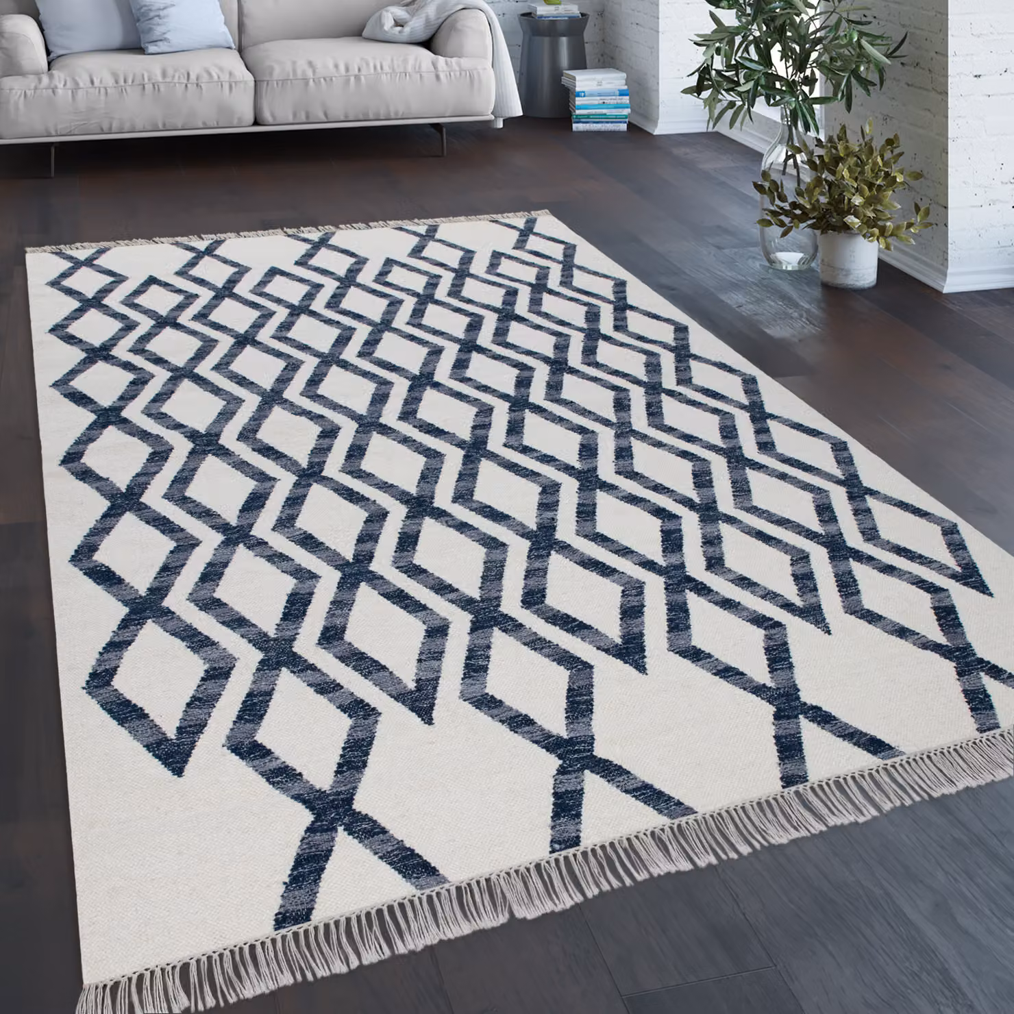 Tappeto Kenolia blu in lana e cotone con motivo a rombi, stile scandinavo, L: 120 cm x P: 170 cm – 3