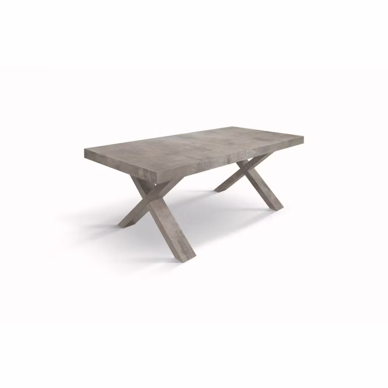 Tavolo allungabile AMALFI in legno effetto grigio cemento e gambe a X grigio cemento, allungabile 160×90 cm – 240×90 cm