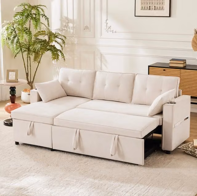 Divano letto angolare reversibile 211x130x86 cm in cotone e lino; beige con contenitore