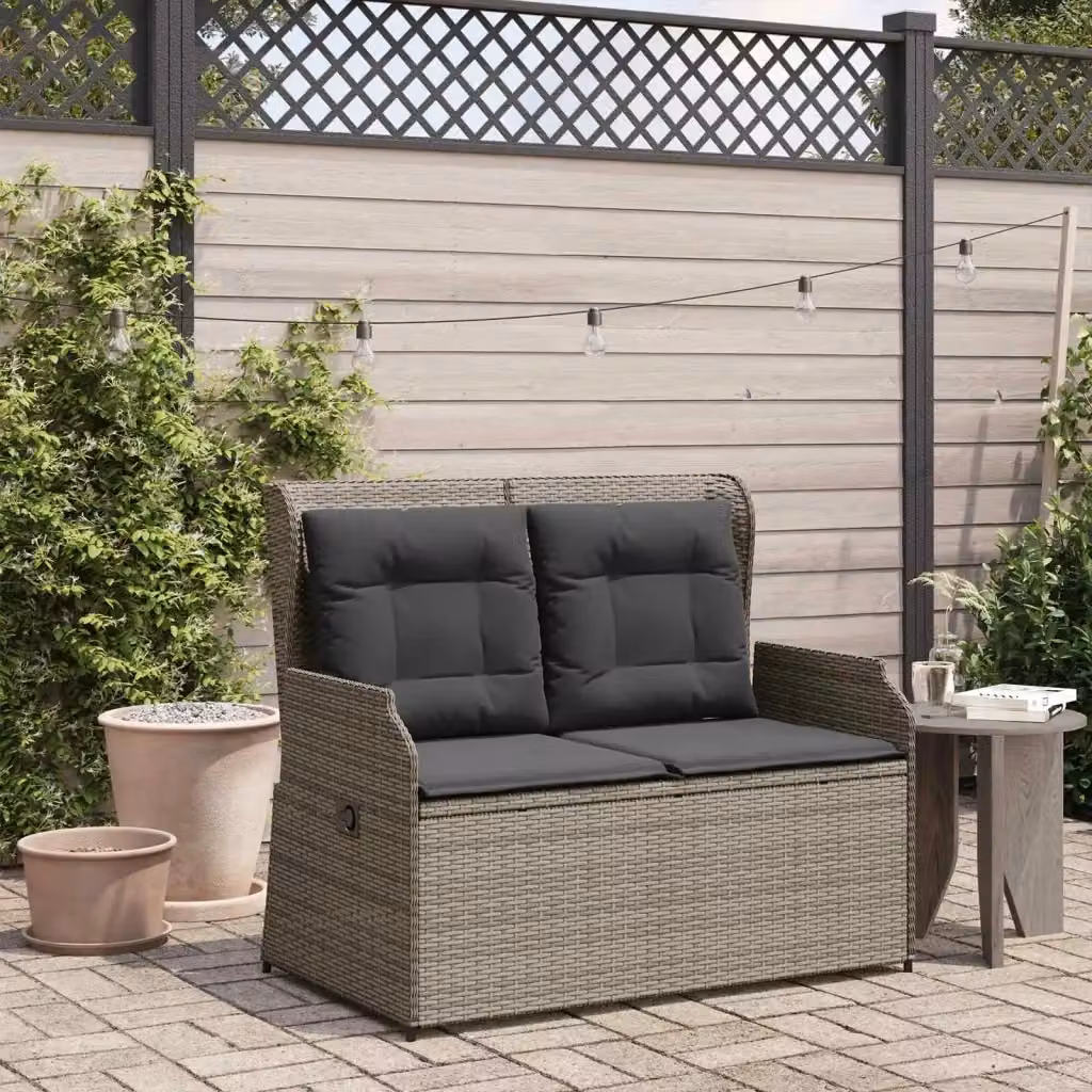 Panchina da giardino moderna in rattan grigio con braccioli e struttura in metallo L: 220 cm, H: 95 cm, P: 67 cm – 2