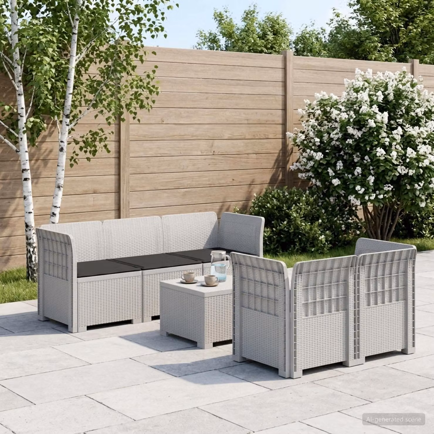 Set da giardino vidaXL a forma di L con divano da 3 posti, elemento angolare, tavolino da caffè e cuscini in polyrattan bianco e antracite