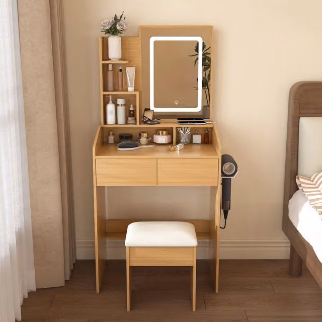 Scrivania Toeletta con Specchio LED e Sgabello Imbottito ¨C MINIMAL ¨C Legno, 60x36x130 cm