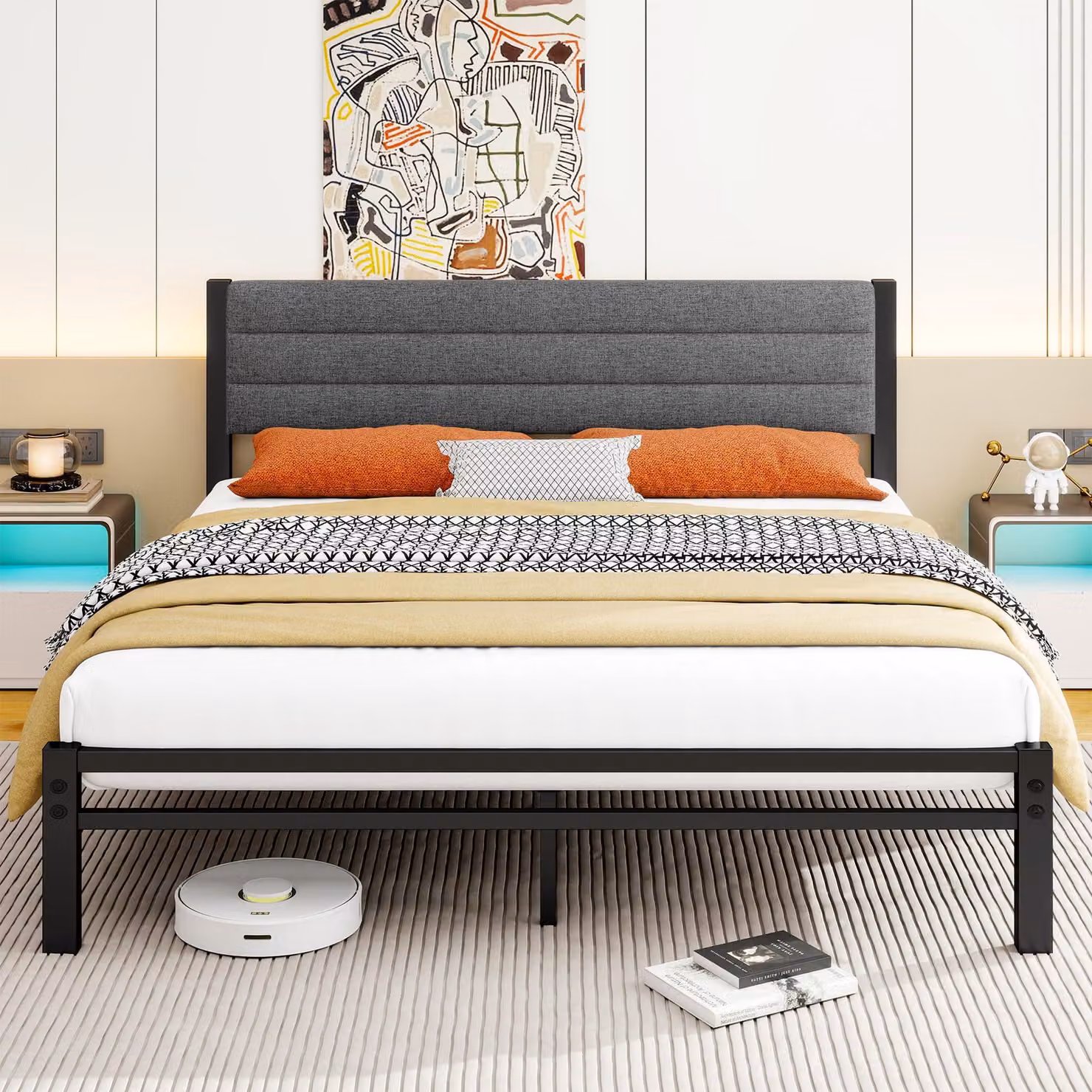 Struttura per letto matrimoniale con testiera, dimensioni 150x200 cm, metallo, color grigio scuro