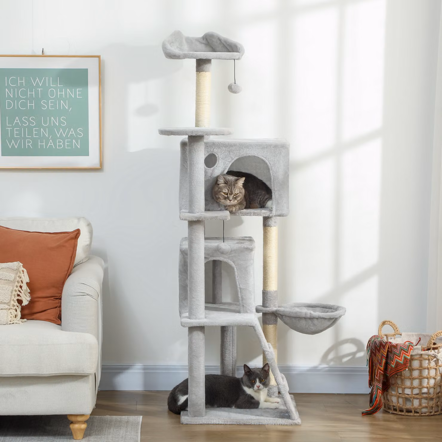 Albero Tiragraffi per Gatti PawHut Alto 160 cm con 2 Casette, Amaca, Lettino e Pali in Sisal, Grigio – 2