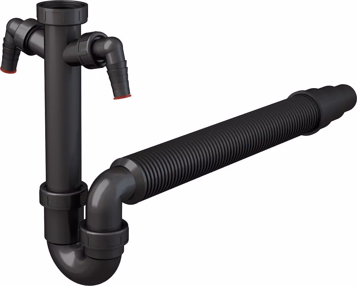 Sifone per lavello Alcadrain, modello DN 50/40, con due raccordi per elettrodomestici di diametro Ø 17–23 mm, raccordo a vite G 6/4" e tubo flessibile