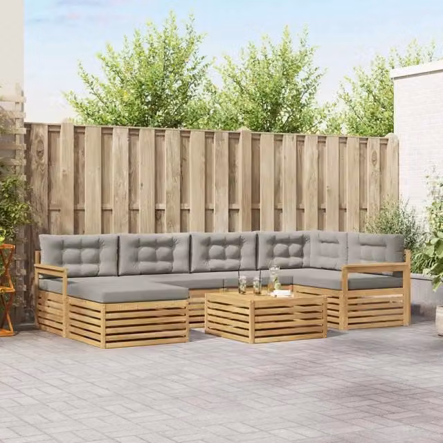 Set di divani da esterno vidaXL a forma di L composto da 7 pezzi in legno di acacia con cuscini inclusi, colore bianco e grigio