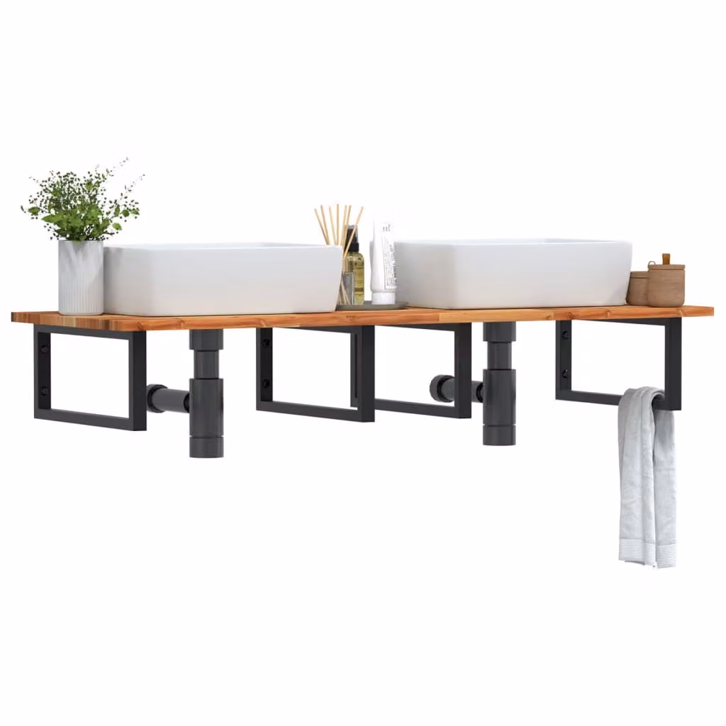 Ripiano a parete per lavabo vidaXL in legno di acacia oliato e metallo nero e marrone